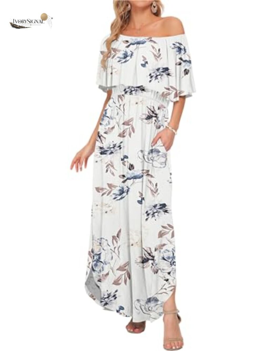 Off Shoulder Ruffle Split Summer Maxi Dress with Pockets